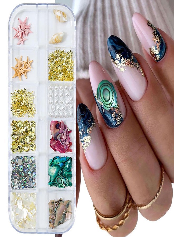 TBRZTR 12 Grids Gold Metal Starfish Shell Nail Studs 3D Mix Conch Pearl Shell Nail Art Glitter Flakes Decorations Set Multiple Shapes Rivet Jewelry Accessories for Women Manicure Supplies DIY Crafts Sequins - Image 3